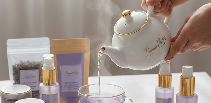 show lavender and gold cosmetic bottles and lavender teas and tea cups. add someone pouring water from a Pamper Pantry teapot. Add the Pamper Pantry logo on each item.